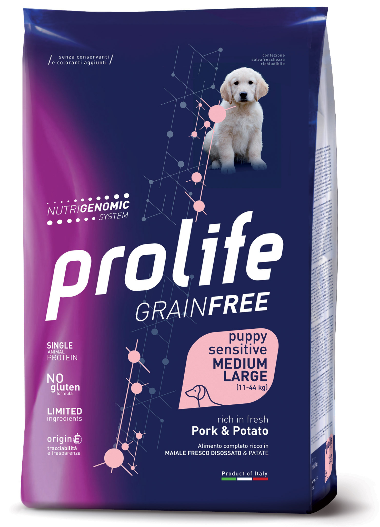 Complete pet food, rich in fresh deboned sole fish and potatoes for sensitive puppies.
