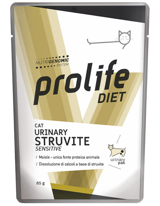 Alimento completo dietetico per il gatto formulato per la dissoluzione di calcoli a base di struvite, la riduzione delle recidive e malattia dell&rsquo;apparato urinario inferiore dei felini.
